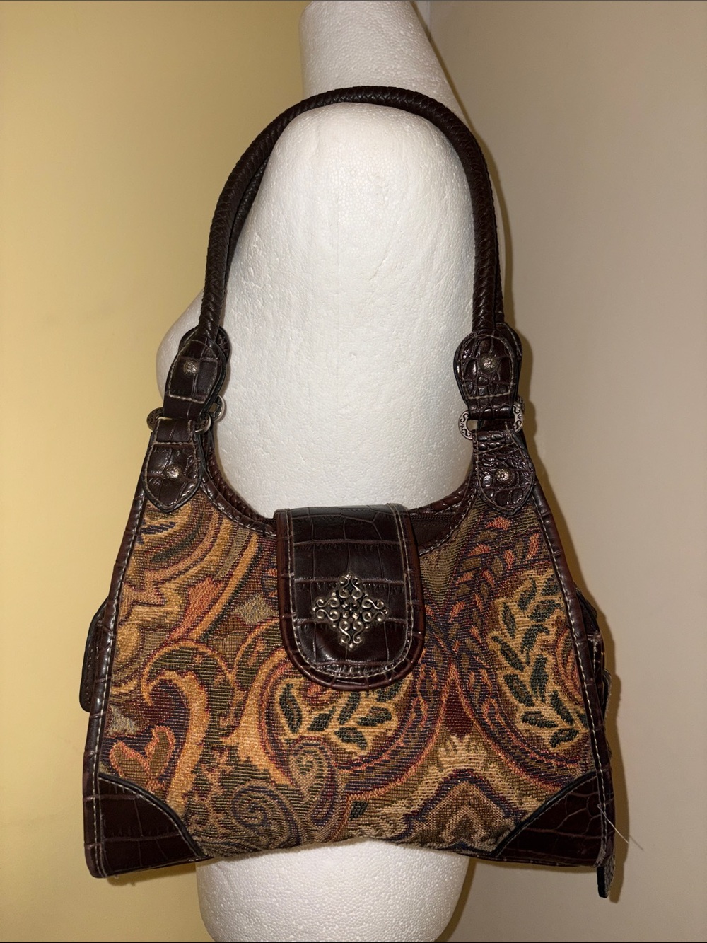 Brown Tapestry Shoulder Bag with Leather Trim